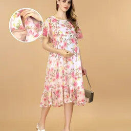 Bella Mama Women Flutter Sleeve Floral Printed Maternity Dress - Off White-picture-12