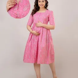 CeleBravo Cotton Half Sleeves Floral & Paisley Printed Maternity Dress With Nursing Access - Pink-image-69