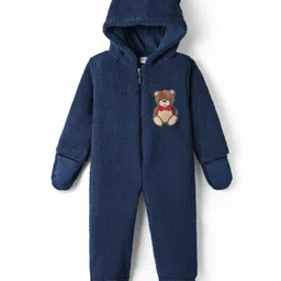 Babyhug Fur Woven Full Length Hooded Winter Wear Footed Romper with Teddy Patch - Navy Blue-picture-22