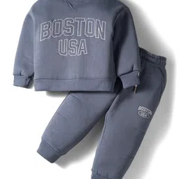 Smarty Boys Fleece Knit Full Sleeves Winter Night Suit With Boston USA Text Print - Grey-image-50