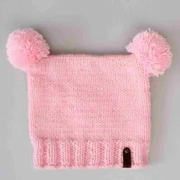 Woonie Handmade Pom Pom Detailed Square Knitted Woollen Cap - Pink image 2