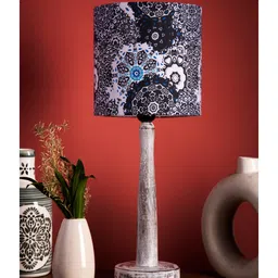 Green Girgit Distress White Wooden Lamp with Blue Batik Print Shade image 2