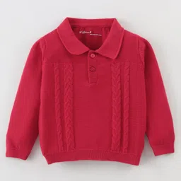 ToffyHouse Cotton Knitted Full Sleeves Solid Colour Collared Sweatshirt & Lounge Pant Set with Cable Knit Design - Red image 2