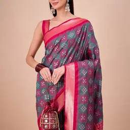 House of Pataudi Ethnic Motifs Woven Design Zari Ikat Saree image 3