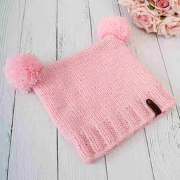 Woonie Handmade Pom Pom Detailed Square Knitted Woollen Cap - Pink image 4