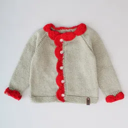 Woonie Full Sleeves Scalloped Border Hand Knitted Cardigan - Grey image 5