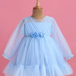 Babyhug Woven Full Peasant Sleeves Fit & Flared Party Frock with Overlap Design & Floral Applique - Light Blue image 5
