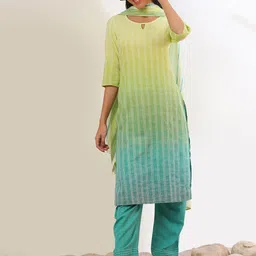 AURELIA Striped Pure Cotton Straight Kurta with Palazzos & Dupatta image 2