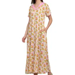 PATRORNA White & Yellow Floral Print Nighty-image-2
