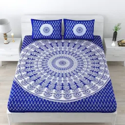 Living Roots Jaipuri Blue 210 TC Cotton Queen Bed Sheet with 2 Pillow Covers image 1