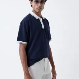 WES Casuals by Westside Navy Self Relaxed-Fit Cotton-Blend Polo T-Shirt-image-46