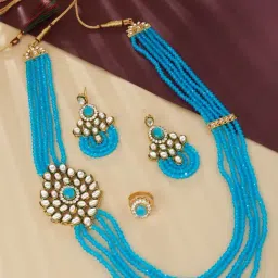 Zaveri Pearls Turquoise Blue Crystals Multistrand Side Brooch Necklace Earring & Ring Set-ZPFK13060-image-44