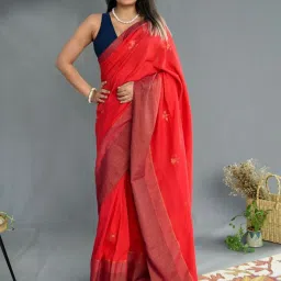 Suta Red Cotton Woven Saree Without Blouse image 1
