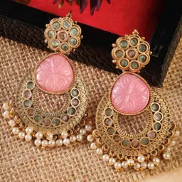 Karatcart Gold-Plated Pink Carved Stone Dangler Earrings for Women-picture-34