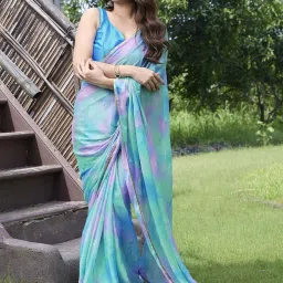 MIRCHI FASHION Blue Printed Saree With Unstitched Blouse image 1