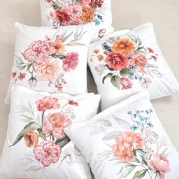 FABINALIV White & Pink 5 Pieces Printed Velvet Square Cushion Covers image 3