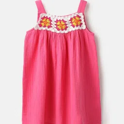 United Colors of Benetton Girls Pink Pure Cotton Crochet Dress image 1