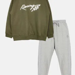 Kiddopanti Kids Military Green & Grey Printed Full Sleeves Sweatshirt Set image 1