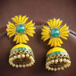 Priyaasi Floral Yellow & Green Jhumki Earrings image 1