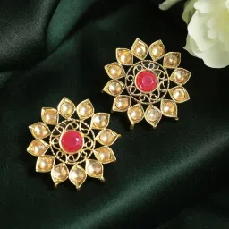 Priyaasi Floral Pink & Golden Stud Earrings image 1