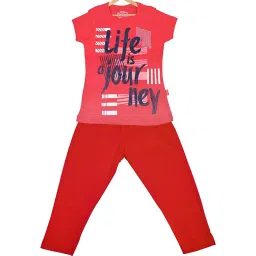 Proteens Kids Coarl & Red Printed Full Sleeves T-Shirt with Pants image 1