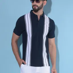 Crimsoune Club Navy Blue Cotton Slim Fit Striped Polo T-Shirt image 1