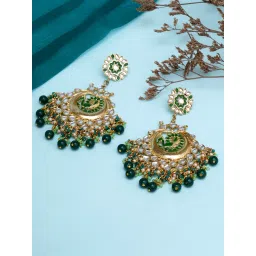 Karatcart Gold-Plated Green Meena Peacock Design Kundan Chand Bali Earrings image 1