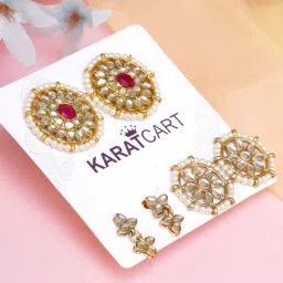 Karatcart Handcrafted Kundan Stud & Drop Earrings - Set of 3 image 1