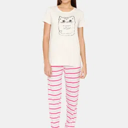Coucou by Zivame Pink & White Striped Top With Pyjamas image 1