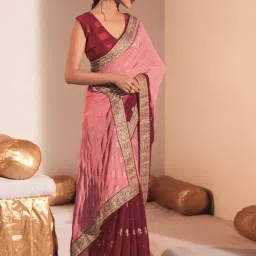 Satrani Pink & Maroon Printed Saree With Unstitched Blouse-image-41