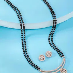 Peora Black Rose Gold Plated CZ Pendant Mangalsutra and Earrings Set for Women-picture-46