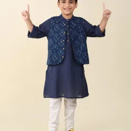 Fabindia Kids Navy Printed Full Sleeves Kurta with Nehru Jacket image 1