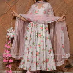 Pomcha Jaipur Pink Ganguar Flamingo Chandheri Anarkali Kurta with Pant and Dupatta image 1