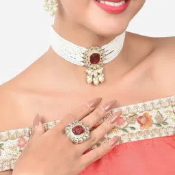 Zaveri Pearls Wine Stone Multistrand Pearls Kundan Choker Necklace Earring Ring Set-ZPFK15202-image-10