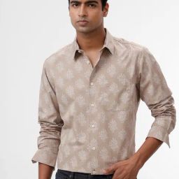 Basics Brown Cotton Slim Fit Printed Shirt-picture-32
