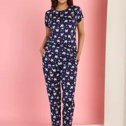 Gracit Dark Blue Cotton Printed Top With Pyjamas image 1