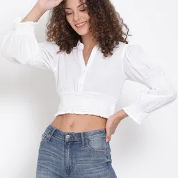 Oxolloxo White Puff Sleeves Crepe Blouson Crop Top-image-34
