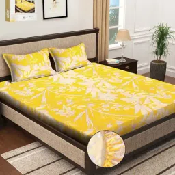 Klotthe Yellow 300 TC Polycotton Double Elastic Book Fold Bedsheet with 2 Pillow Covers-image-44