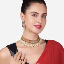 Zaveri Pearls Green & Pink Cluster Pearl Choker Necklace Earring & Ring Set-ZPFK11445-picture-28