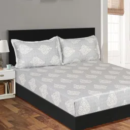 Swayam Ananda Grey & White Pure Cotton 200 TC Floral Design Double King Bedsheet Set image 1