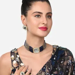 Zaveri Pearls Grey & Blue Multistrand Ethnic Choker Necklace Earring & Ring Set-ZPFK11439-picture-14