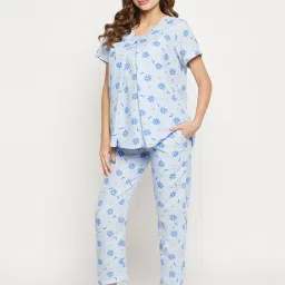 Clovia Blue Printed Cotton Top With Pyjamas image 3
