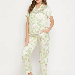 Clovia Off White Printed Shirt With Pyjamas image 3