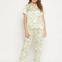 Clovia Off White Printed Shirt With Pyjamas image 1