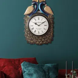 Aapno Rajasthan Golden & Blue Wooden Peacock-Shaped Wall Clock-image-17