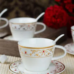 Goodhomes White & Gold Bone China Tea Cups with Saucers & Spoons - Set of 6 image 1