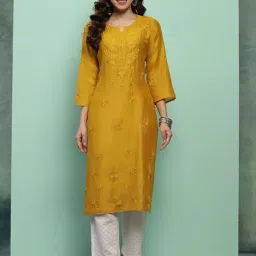 House of Chikankari Chanderi Solid Women'S Long Kurta - Mustard-image-44