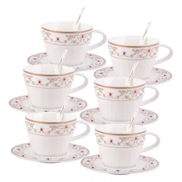 Goodhomes White & Gold Bone China Tea Cups with Saucers & Spoons - Set of 6 image 2