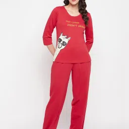 Clovia Red Printed Cotton Top With Pyjamas image 1