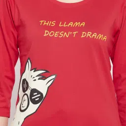 Clovia Red Printed Cotton Top With Pyjamas image 4